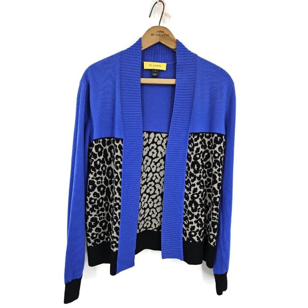 St John Royal Blue Leopard Print Cardigan Sweater Womens M Wool